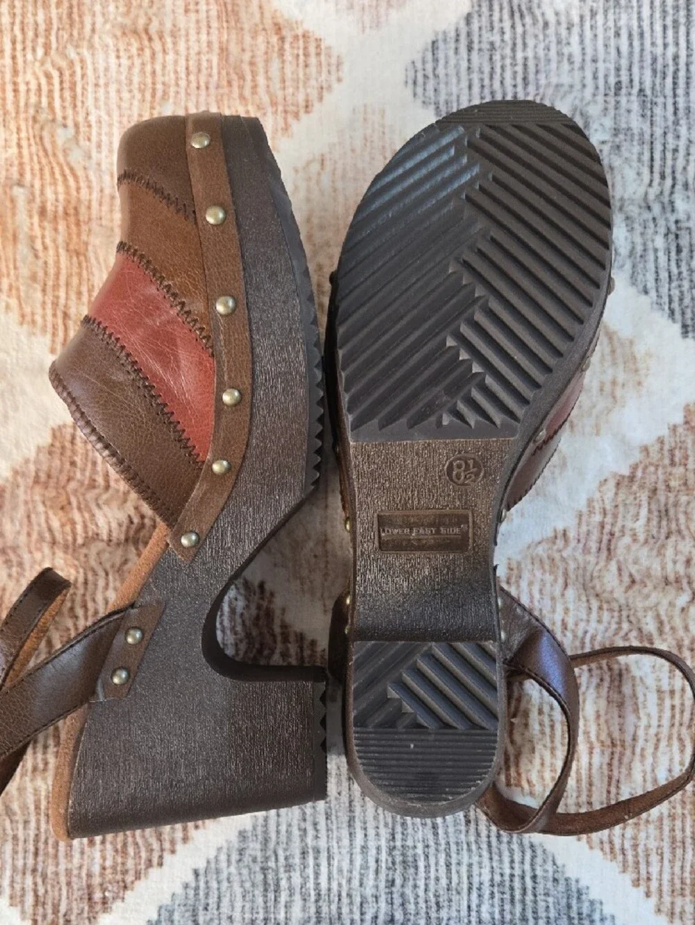 LOWER EAST SIDE Brown and Burgundy Platform Sandals with Stud Trim